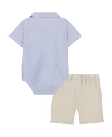 Tommy Hilfiger Baby Boy 2-Piece Seersucker Stripe Button Front Bodysuit Washed Twill Shorts Set