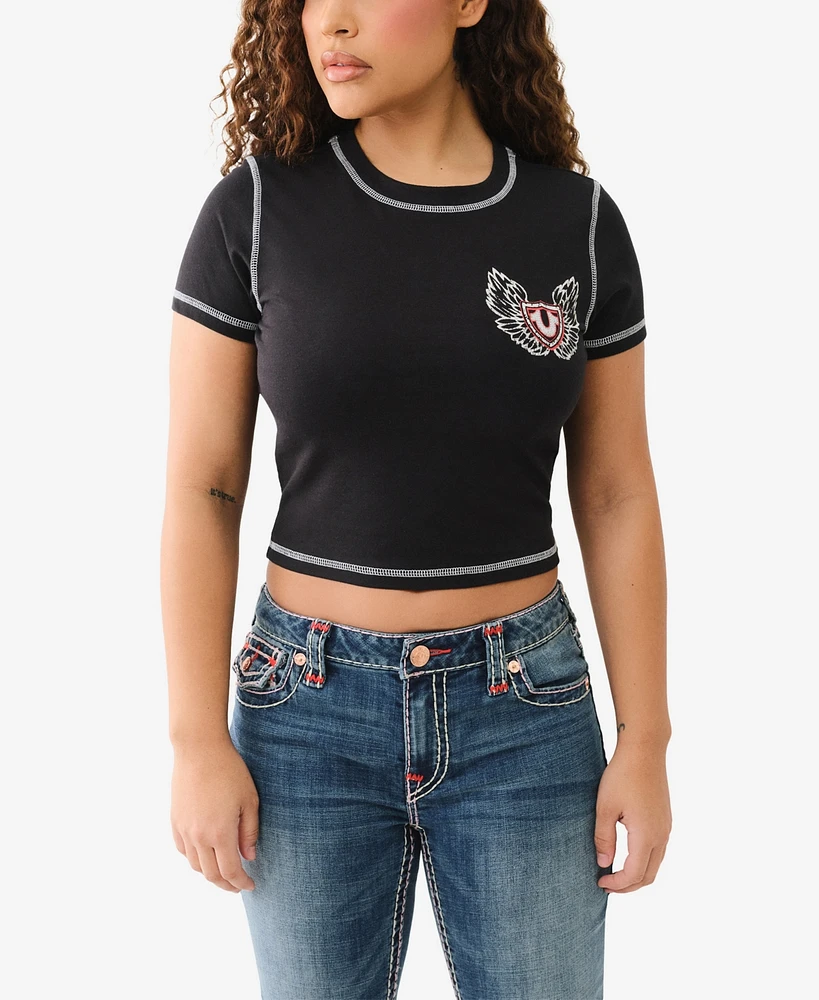 True Religion Women's Ss Contrast Stitch Wing Baby Crewneck T-Shirt
