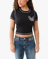 True Religion Women's Ss Contrast Stitch Wing Baby Crewneck T-Shirt