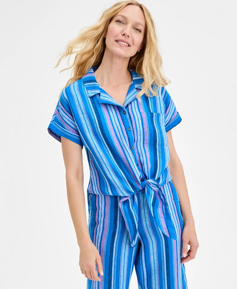 Charter Club Women's Striped 100% Linen Tie-Front Top, Exclusively at Macy's