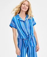 Charter Club Women's Striped 100% Linen Tie-Front Top, Exclusively at Macy's