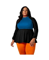 Poetic Justice Plus Mock Neck Lantern Sleeve Two Tone Peplum Tunic