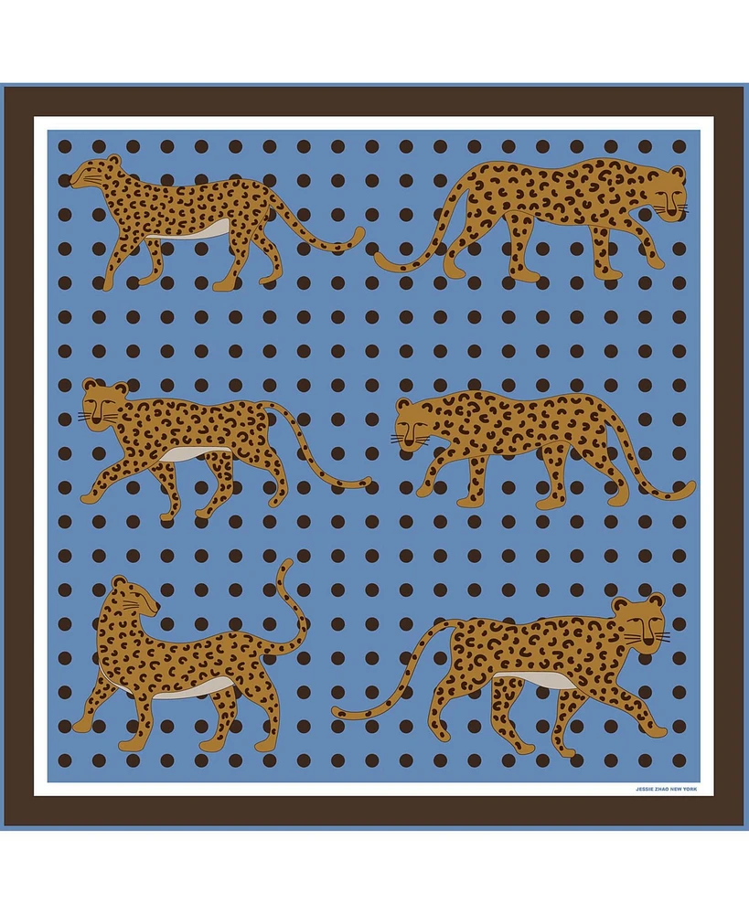Jessie Zhao New York Double Sided Wool Silk Scarf Of Blue Leopards Garden