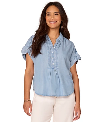 Democracy Petite Ruched-Sleeve Quarter-Button Collared Top