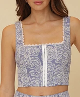 Avec Les Filles Women's Floral Print Lace-Trim Square-Neck Corset Top