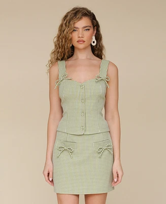 Avec Les Filles Women's Bow-Trim Sweetheart-Neck Gingham Top