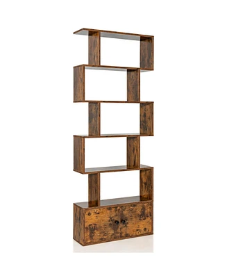 6-Tier S-Shaped Freestanding Bookshelf with Cabinet and Doors