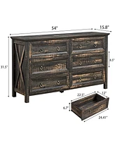 Farmhouse 6 Drawers Dresser for Bedroom, Wood Rustic Wide Chest of Drawers, Storage Dressers Organizer for Bedroom, Living Room, Hallway,Dark Rustic O