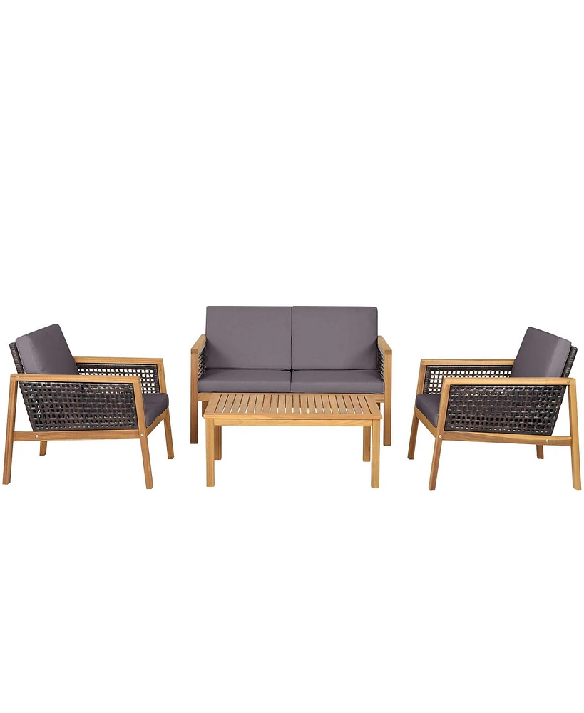 Gymax Piece Patio Pe Rattan Conversation Set Acacia Wood Furniture Set w/ Cushions