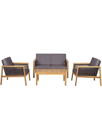 Gymax Piece Patio Pe Rattan Conversation Set Acacia Wood Furniture Set w/ Cushions