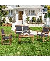 Gymax 4 Piece Outdoor Acacia Wood Furniture Set Patio Rattan Conversation Set w/ Table