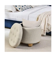Round Storage Ottoman with Lid, Multi-Functional Upholstered Footrest, Tufted Linen Ottoman-The Pop Home