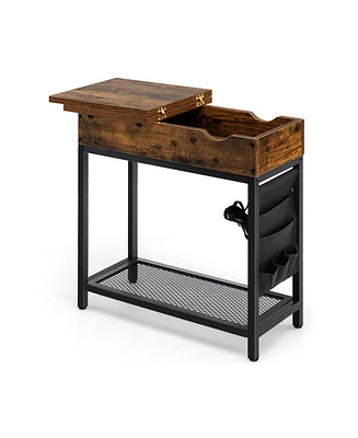 Industrial End Table with Charging Station and Flip Top