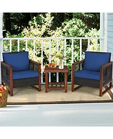 Gymax 3 Piece Outdoor Furniture Set Rattan Wicker Patio Conversation Set w/ Cushion