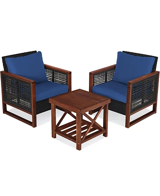 Gymax 3 Piece Outdoor Furniture Set Rattan Wicker Patio Conversation Set w/ Cushion