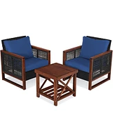 Gymax 3 Piece Outdoor Furniture Set Rattan Wicker Patio Conversation Set w/ Cushion