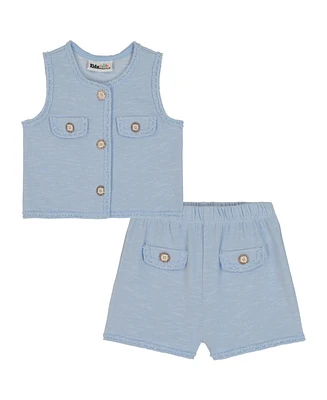 Kids Headquarters Toddler and Little Girls 2-Piece Crochet Trim Lurex Weave Button Up Vest Shorts Set