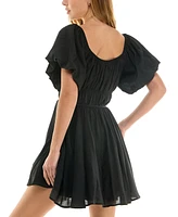 Crystal Doll Juniors' Puff-Sleeve Tie-Waist Fit & Flare Dress
