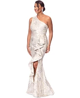 Xscape Petite One-Shoulder Metallic Jacquard Gown