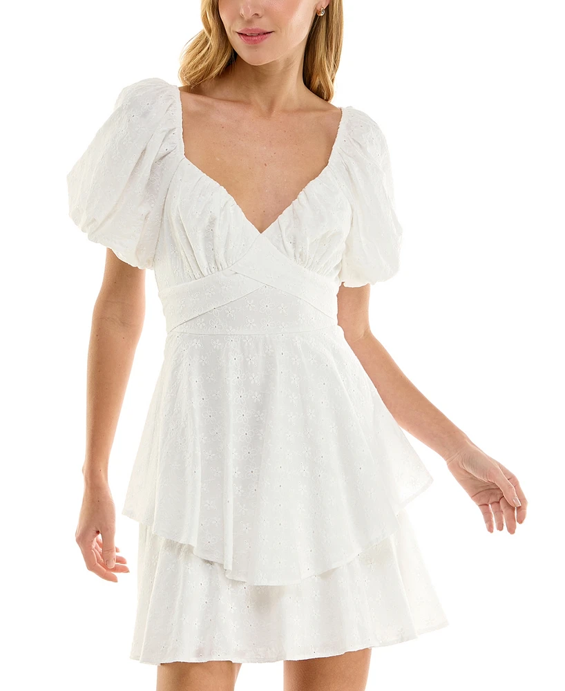 Crystal Doll Juniors' Embroidered Eyelet Puff-Sleeve Dress