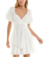 Crystal Doll Juniors' Embroidered Eyelet Puff-Sleeve Dress