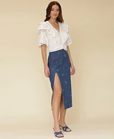 Avec Les Filles Women's Embroidered Denim Midi Skirt