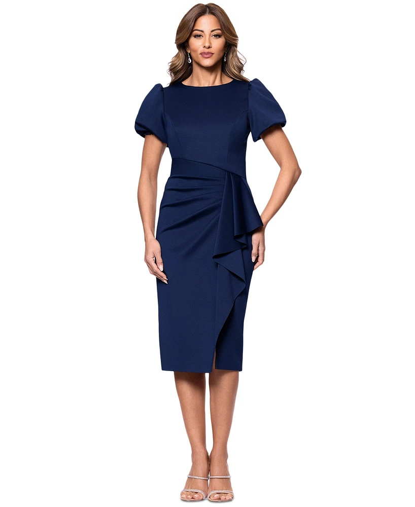 Xscape Petite Short-Sleeve Boat-Neck Scuba Draped Dress