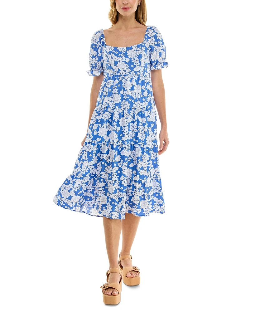 Crystal Doll Juniors' Floral-Print Bow-Back Puff-Sleeve Woven Dress