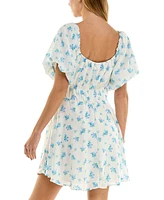 Crystal Doll Juniors' Printed Lace-Up Bubble-Sleeve Skater Dress