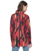 Karl Lagerfeld Paris Women's Oversized Geo-Printed Satin Button-Front Top
