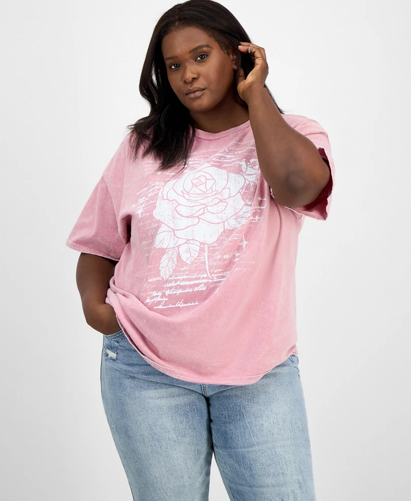 Rebellious One Trendy Plus Cotton Rose Mineral Wash T-Shirt