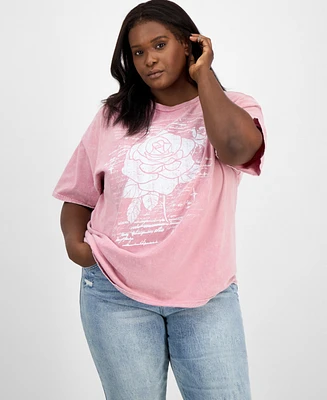 Rebellious One Trendy Plus Cotton Rose Mineral Wash T-Shirt