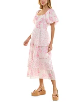 Crystal Doll Juniors' Floral-Print Bubble-Sleeve Smocked-Back Tiered Dress