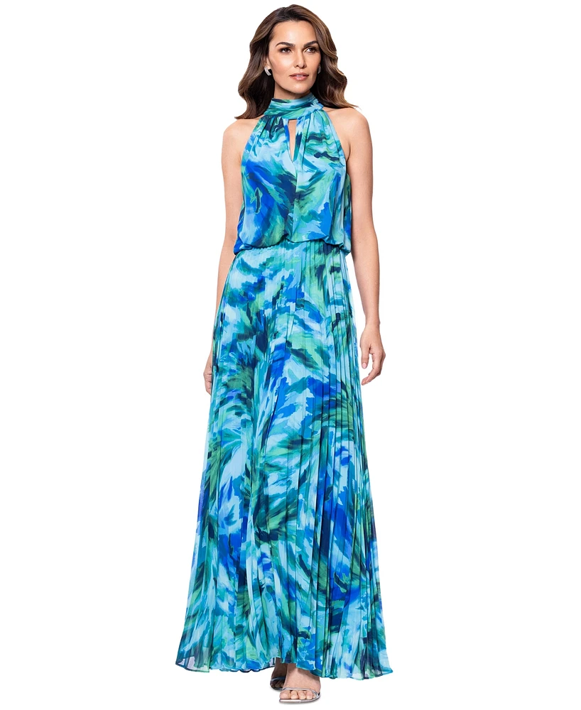 Xscape Women's Printed Pleated Chiffon Maxi Dress