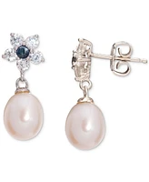 Baroque Cultured Freshwater Pearl (9x7mm), Sapphire (1/3 ct. t.w.) & Cubic Zirconia Flower Pendant Necklace & Drop Earrings Set in Sterling Silver
