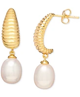 Baroque Cultured Freshwater Pearl (8x10mm) Textured J-Hoop Earrings in 18k Gold-Plated Sterling Silver