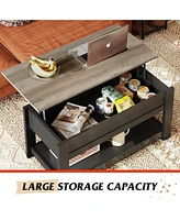 Wlive Modern Rustic Coffee Table with Storage Shelf and Hidden Compartment,Wood Lift Tabletop for Home Living Room,Black,Greige.