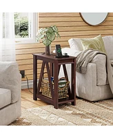 Wlive Narrow End Table with Charging Station of Open Storage Shelf，Sofa Side Table with 2 Usb Ports and 2 Power Outlets，Slim Farmhouse E