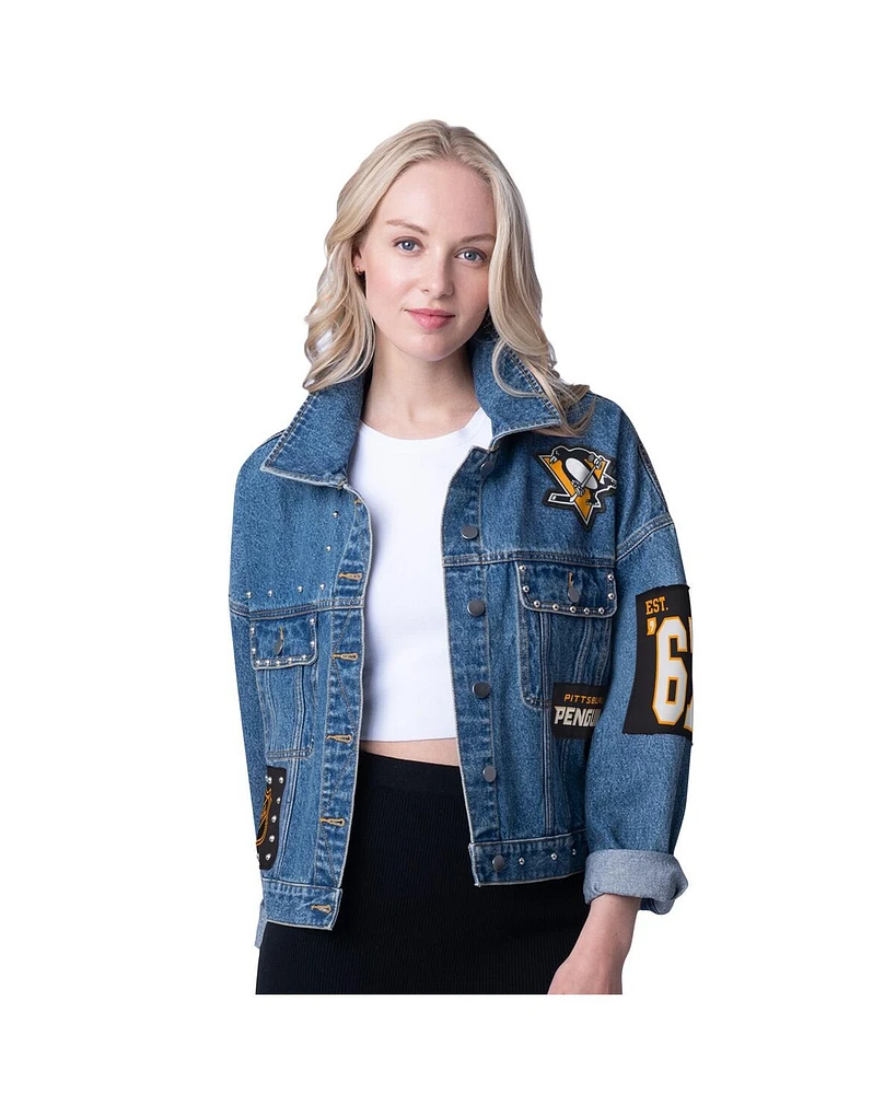 G-iii 4Her by Carl Banks Women's Pittsburgh Penguins Game Ball Cropped Button-Up Denim Jacket