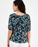 Ak Anne Klein Petite Printed Scoop-Neck Elbow-Sleeve Top
