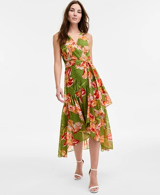 Anne Klein Women's Floral-Print High-Low Faux-Wrap Dress