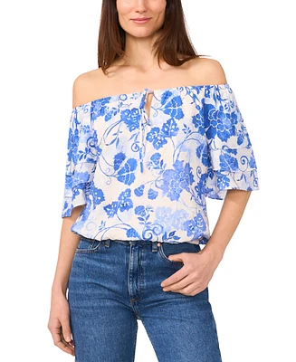 Sam & Jess Petite Vine-Print Off-The-Shoulder Elbow-Sleeve Top