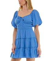 Trixxi Juniors' Bubble-Sleeve Tie Front Tiered Dress
