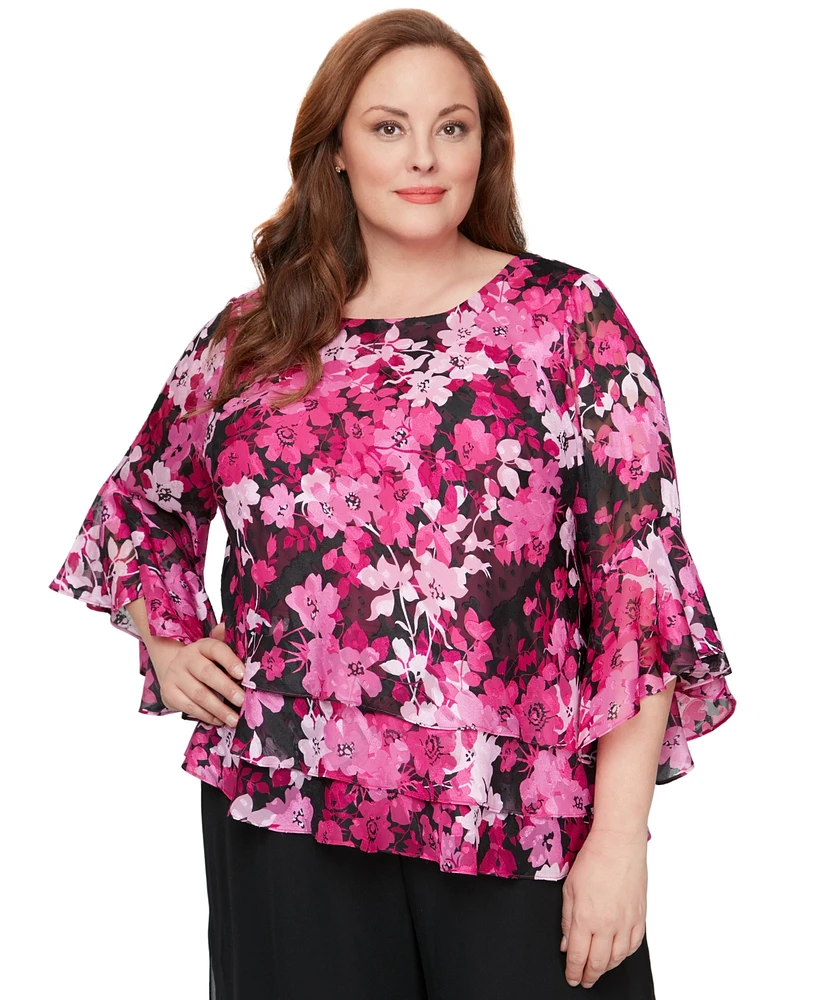 Alex Evenings Plus Printed Scoop-Neck 3/4-Sleeve Top