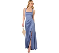 Adrianna Papell Women's Square-Neck Satin Slit-Front Gown