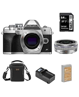 Olympus Om-d E-M10 Mark Iv Camera with M.Zuiko Ed 14-42mm F3.5-5.6 Ez Lens, Silver Bundle with 64GB Sd Card, Shoulder Bag, Extra Battery, Smart Charge