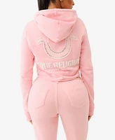True Religion Women's Raw Edge Big T Shrunken Hoodie Sweatshirt