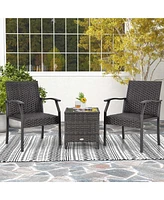 Gymax 3 Piece Patio Weather Resistant Conversation Set Wicker Chair w/ Quick Dry Foam Tempered Glass Table