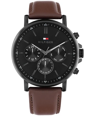 Tommy Hilfiger Men's Multifunction Dark Brown Leather Strap Watch, 44mm