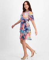 Tahari Asl Petite Shadow Stripe Ruffle Floral Print Dress
